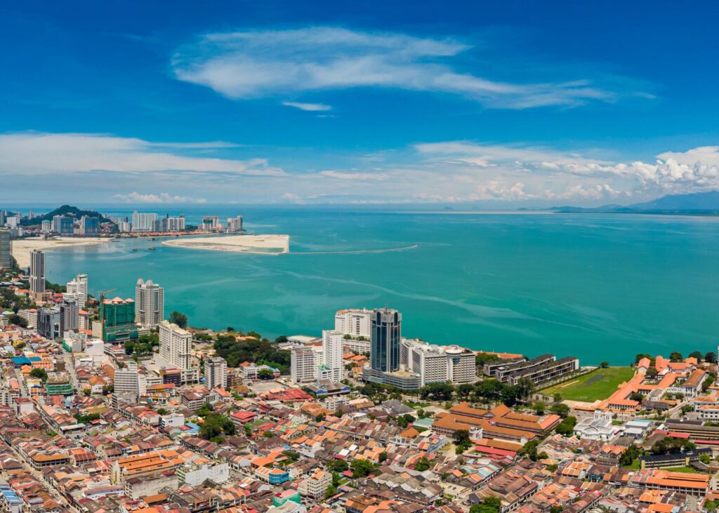 Aerial view of Penang city and water