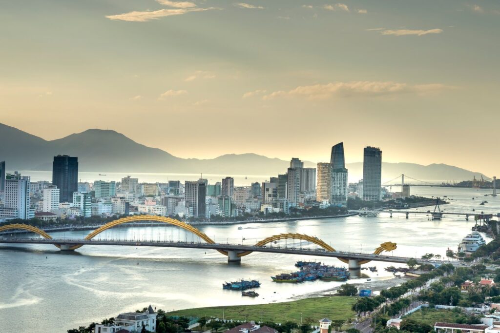 Aerial view of the city of Da Nang and the Dragon Bridge
