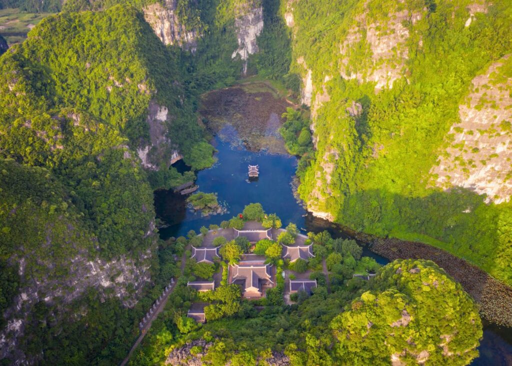 Aerial view of Trang An Nature Complex with pagodas and lake