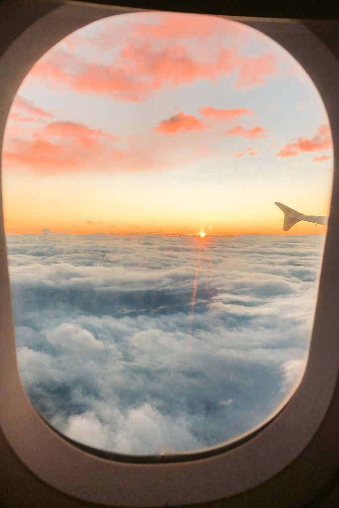 airplane window sunset