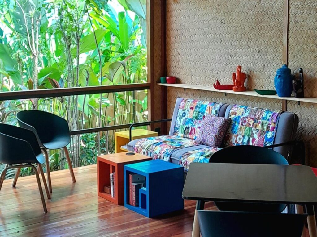 colorful chairs and small tables