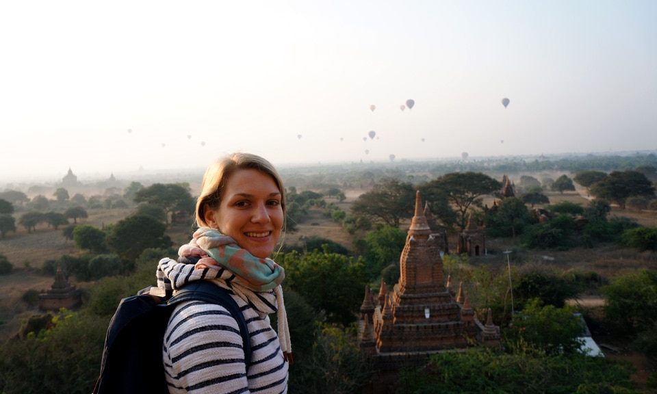 sunrise and hot air balloons over Bagan Myanmar
