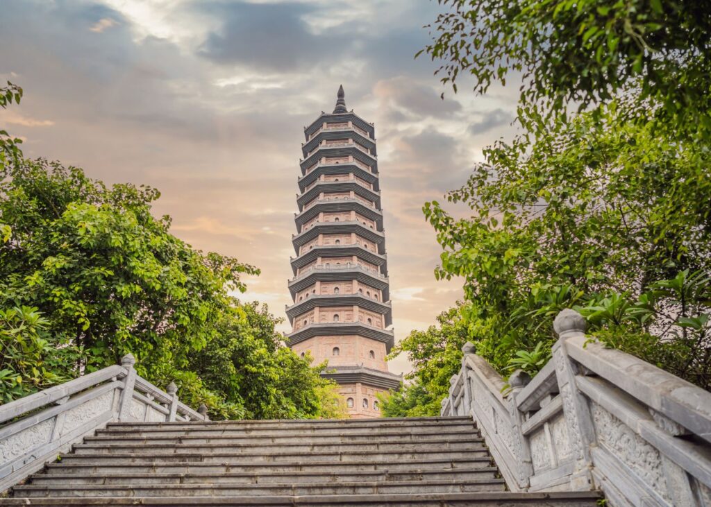 Bai Dinh Pagoda with stairs and cloudy sky