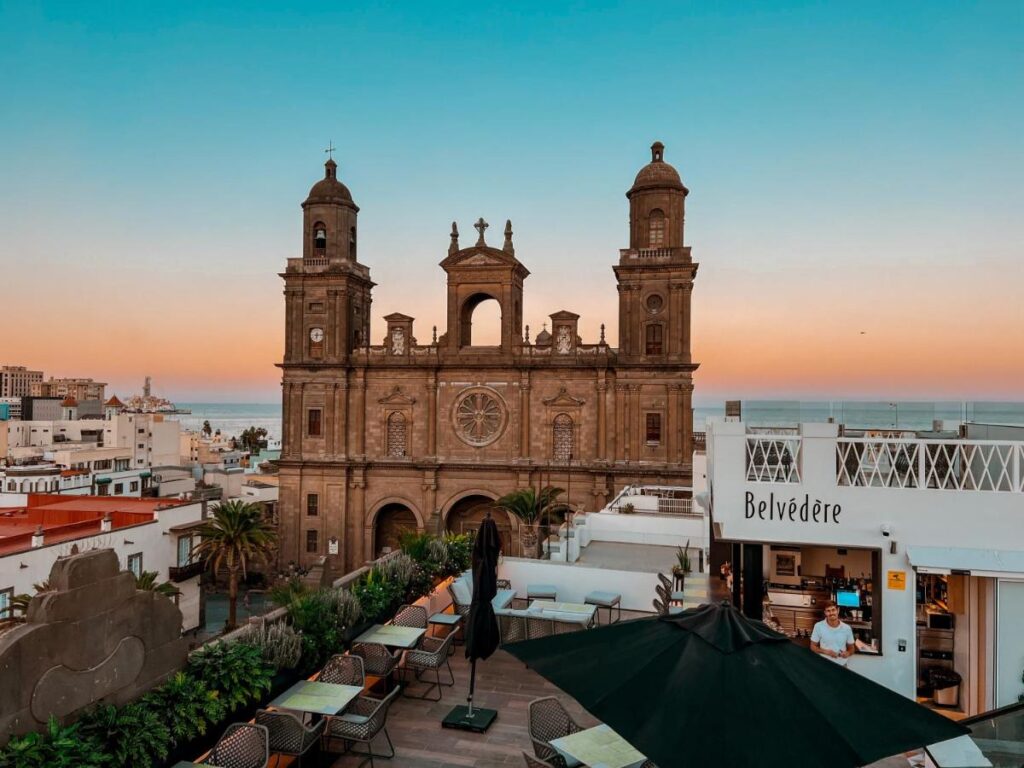 rooftop view of the city and church from Boutique Hotel Cordial Plaza Mayor de Santa Ana