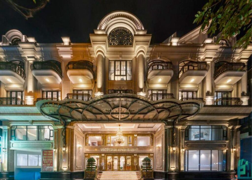 French facade of Luxe Paradise Suite Hotel in Hanoi