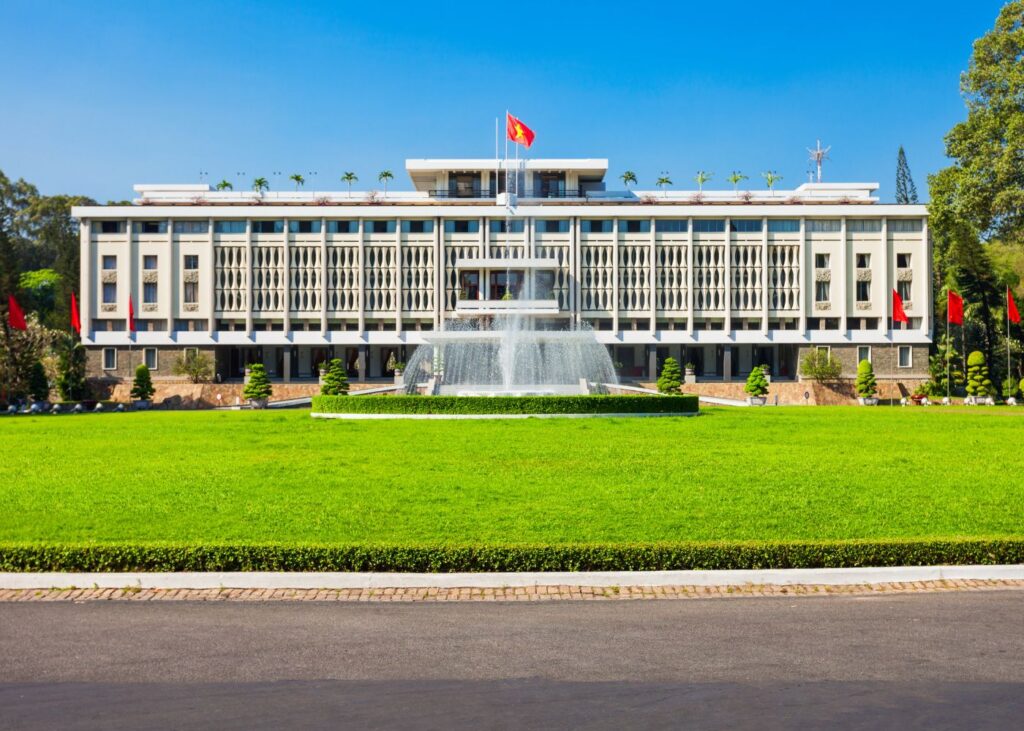 Independence Palace with green grass and fountain, one of the best things to do in Ho Chi Minh City