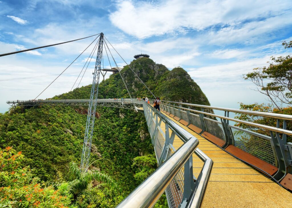 Langkawi Sky Bridge with limestone karst and cloudy blue sky