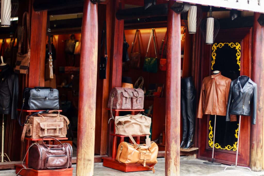 Leather tailoring shop in Hoi An with bags and jackets