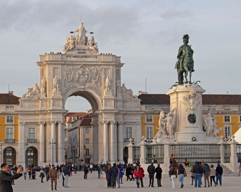 People on Public Square in Lisbon, Portugal.