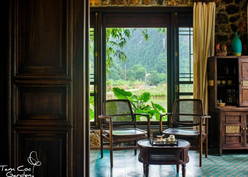 Luxury villa with traditional furniture at a garden resort in Ninh Binh