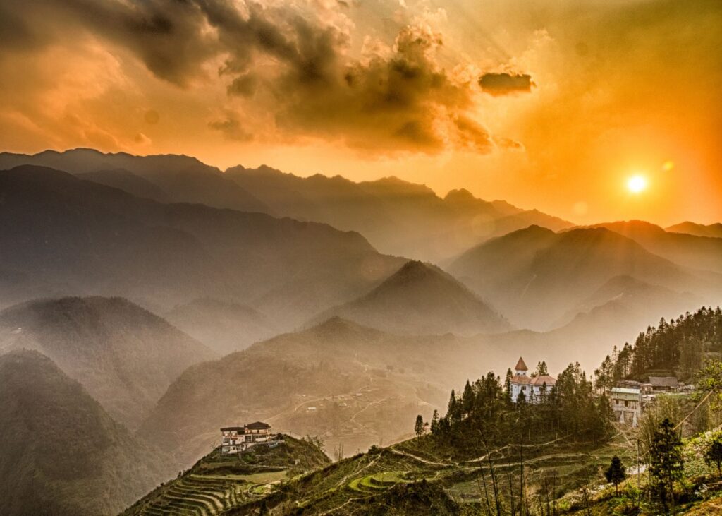 Mist and fog at sunset in Sapa North Vietnam