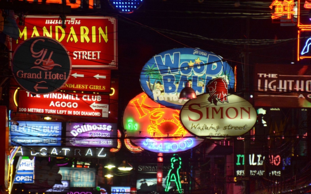 Neon signage of the famous walking street, hub for nightlife in Pattaya Thailand