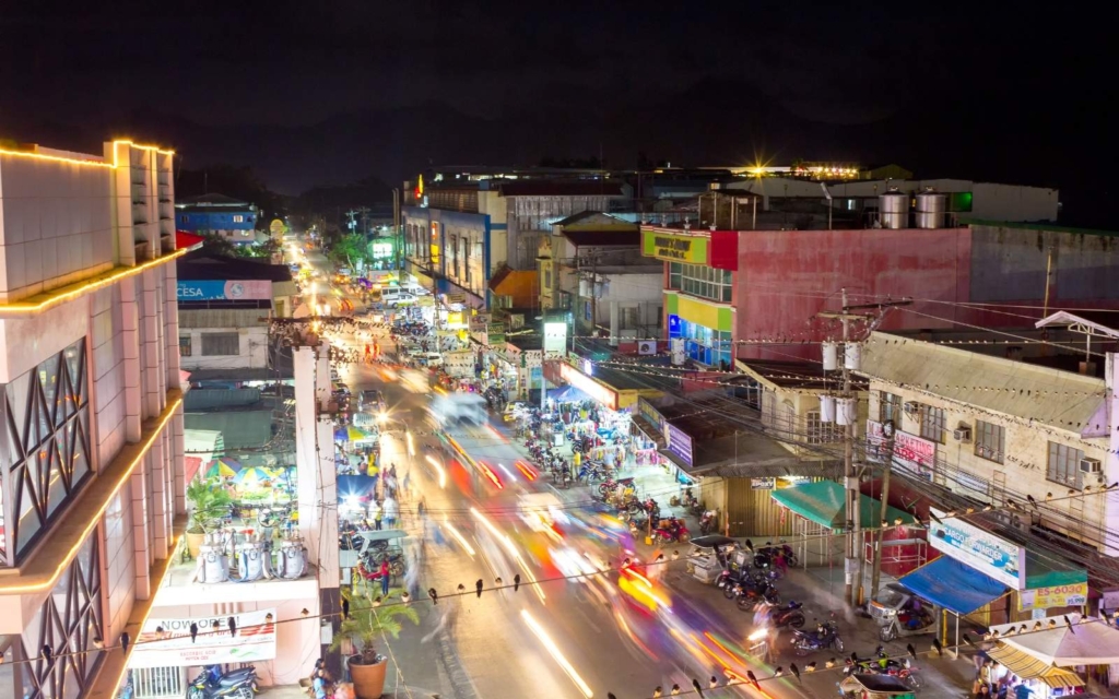 Night view of Puerto Princesa City with birds on a wire, buildings, and passing cars