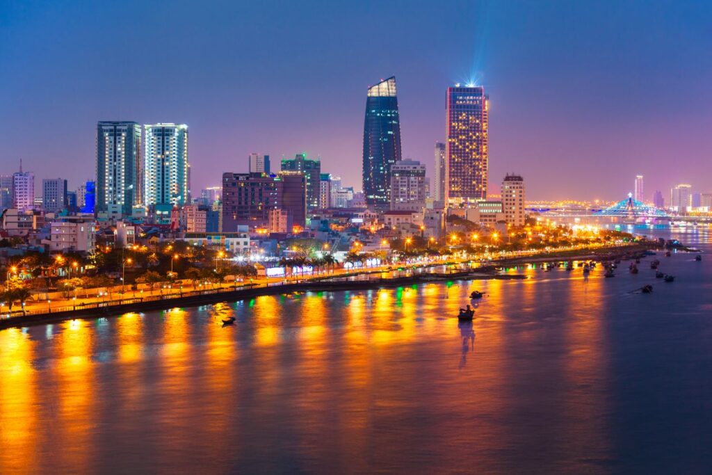 Night view of riverside high rises of Da Nang
