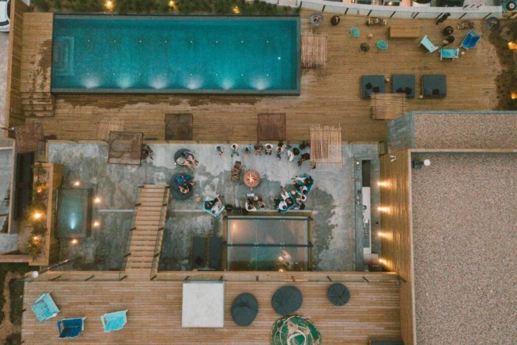 aerial view of Noah Surf House outdoor pool 