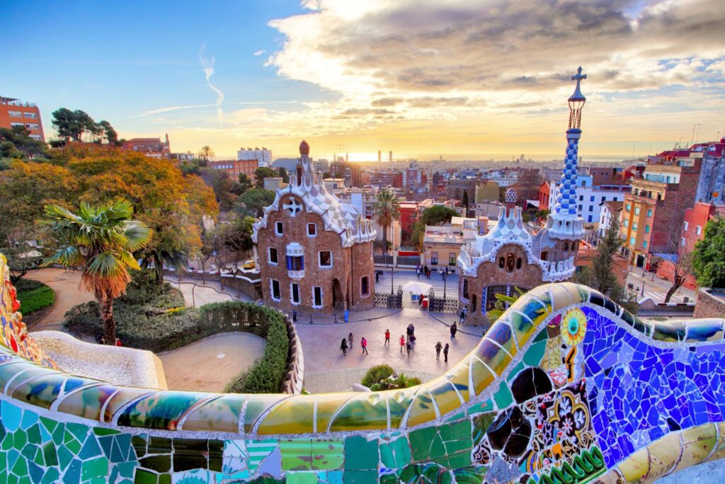 panoramic view of the colorful city of Parc Güell, Barcelona