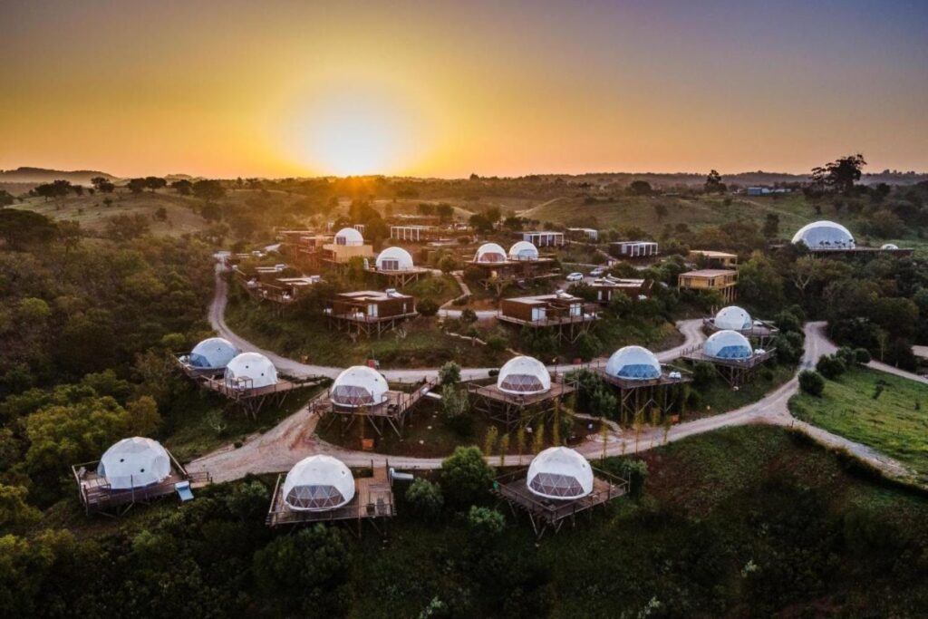 aerial view of glamping domes surrounded by cork oaks, olive trees, and nature.