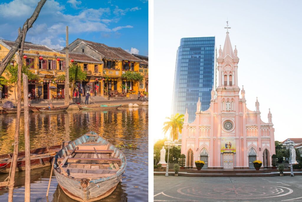 Side by side photo of Hoi An and Da Nang with floating boat and pink cathedral