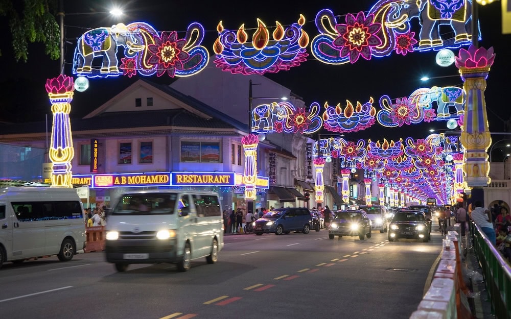 Streets of Little India in Singapore at night