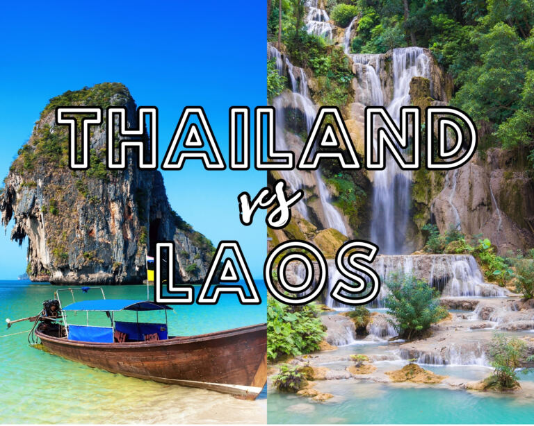 On left side photo is a beautiful tropical landscape with boat, blue and clear ocean water, white sand and island in Thailand. The right side photo is Kuang Si Waterfalls in Luang Phrabang, Laos.