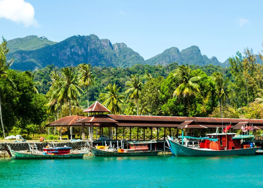 Traditional boats in front of limestone karsts with palm trees in Malaysia