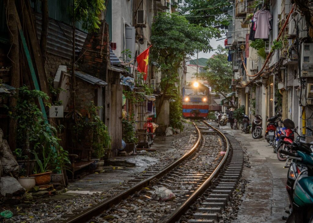 Train in small street of Hanoi Old Quarter