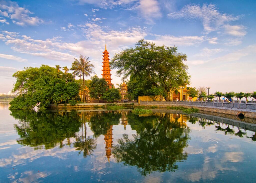 Tran Quoc Pagoda and reflection in West Lake Hanoi
