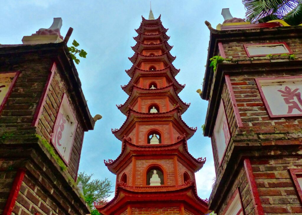 Tran Quoc Pagoda in Hanoi between two brick pillars