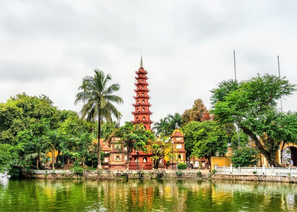 Tran Quoc Pagoda in Hanoi with water and trees