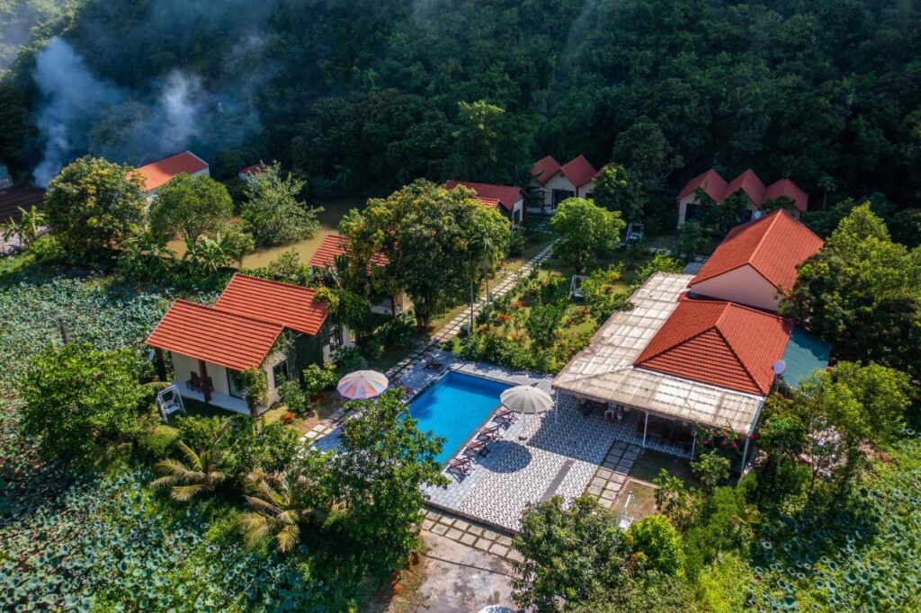 aerial view of the pool and accommodations at Trang An Retreat 