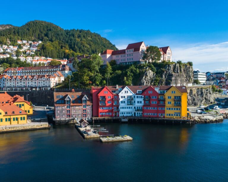 Aerial view of the harbour and colourful houses in Bergen.