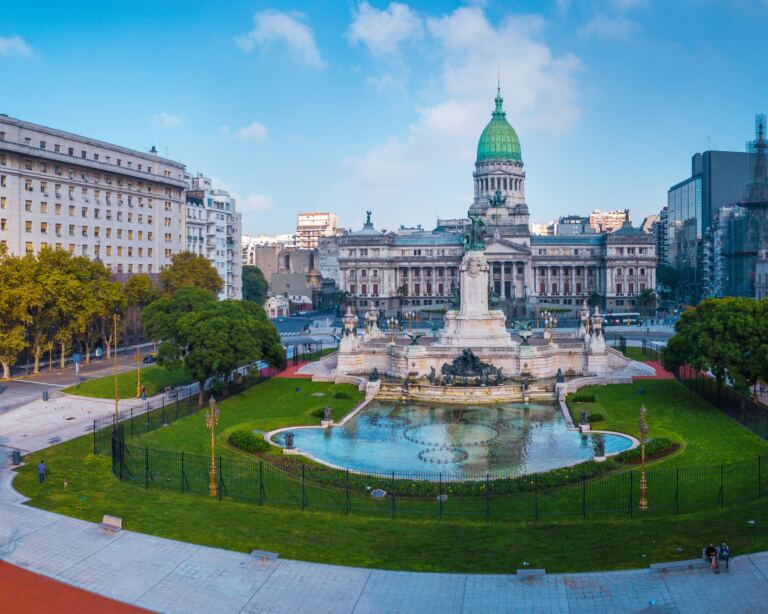 Aerial panorama of the square near Congreso at sunny day in Buenos Aires, Argentina.