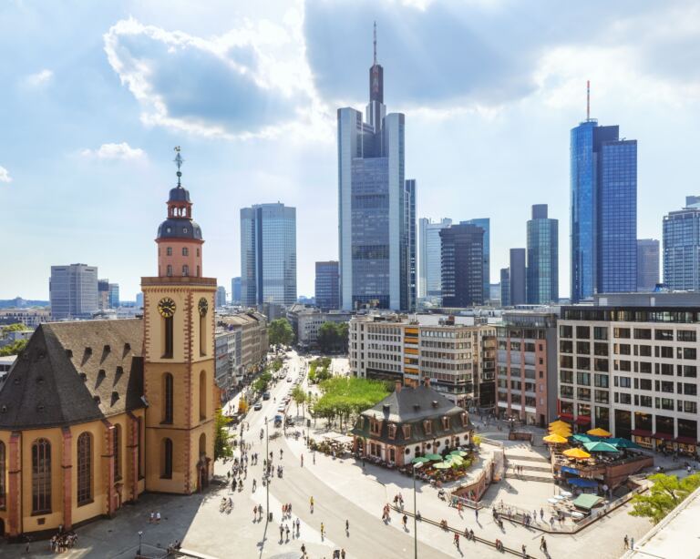 Aerial view on sunny day at Hauptwache square in Frankfurt.