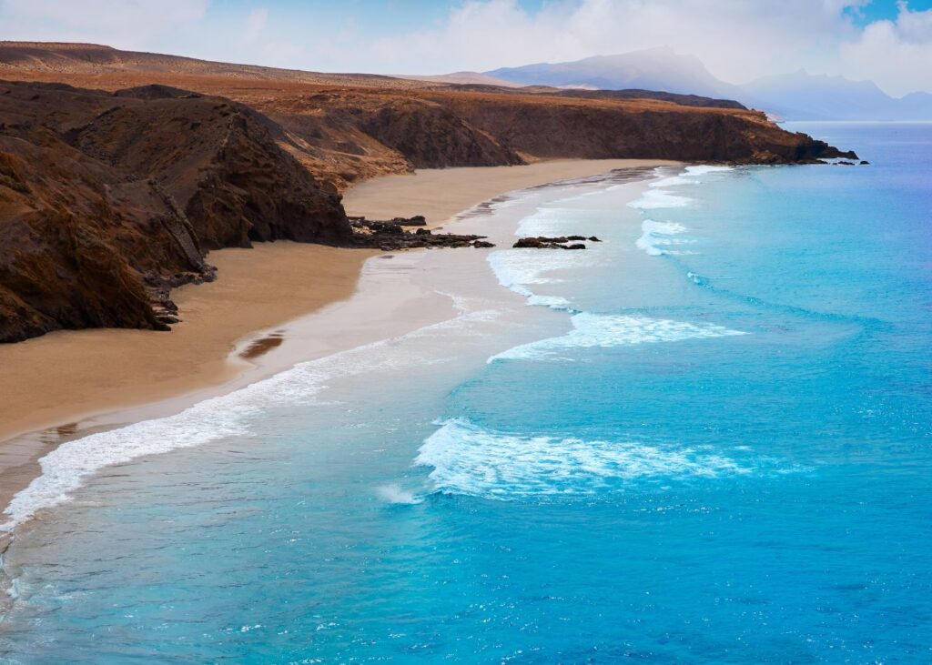 panoramic view of the beach and mountain in Fuerteventura