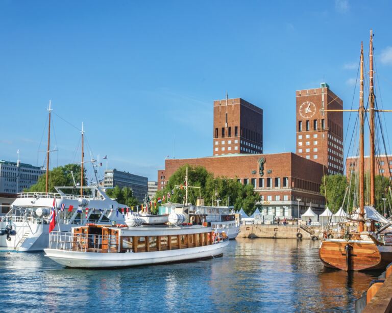 View of Oslo Radhuset town hall from the sea, Oslo, Norway.