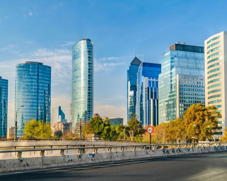 Cityscape skyscrapers view of Sanhattan, a modern financial district of Santiago de Chile city.