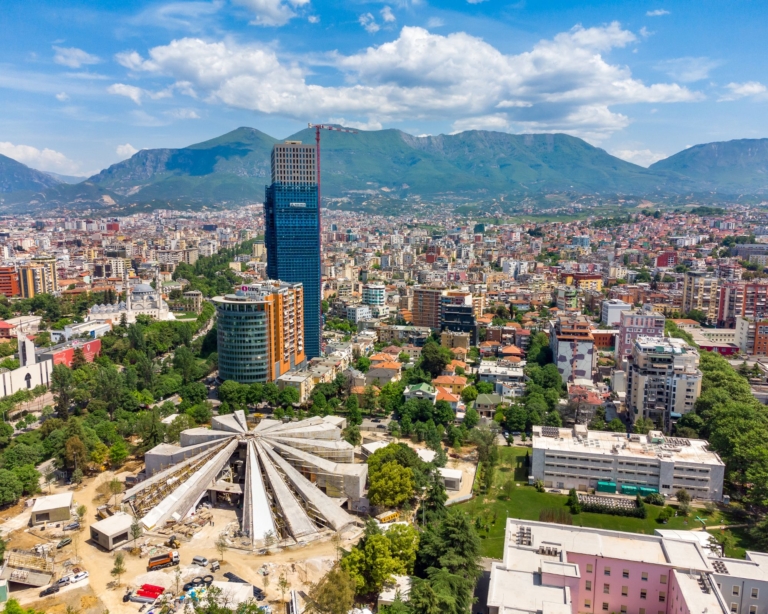 Aerial view of Tirana, Albania town.
