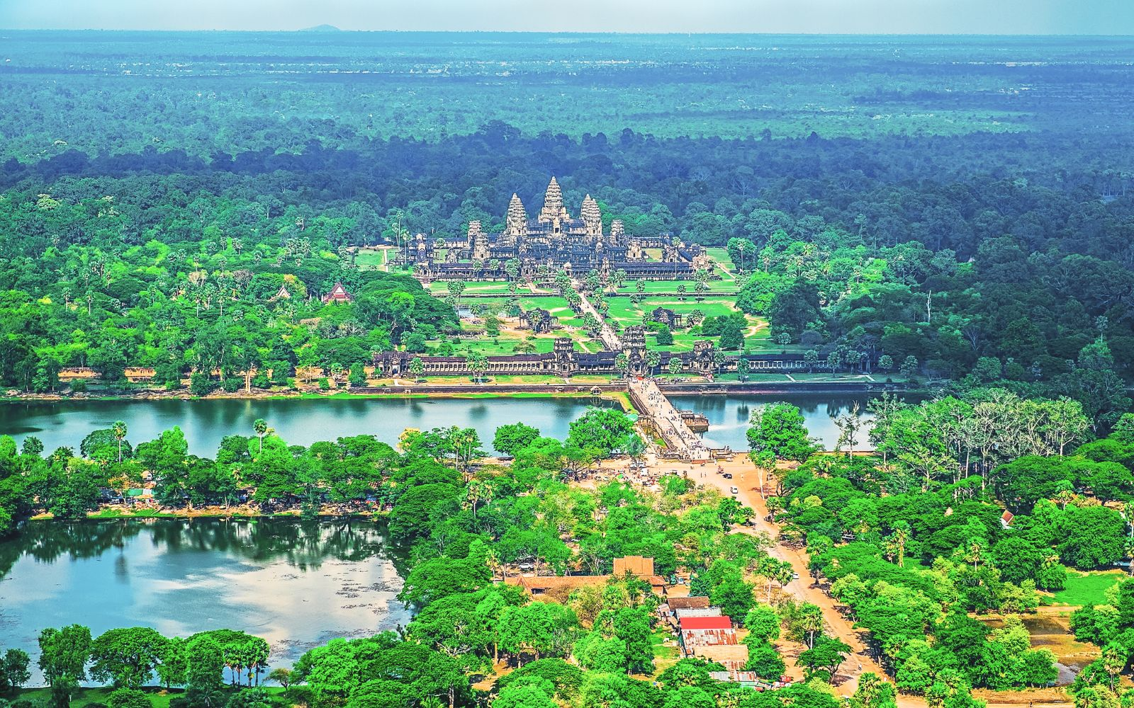 Aerial image of Angkor Wat and surrounding waterways and jungles