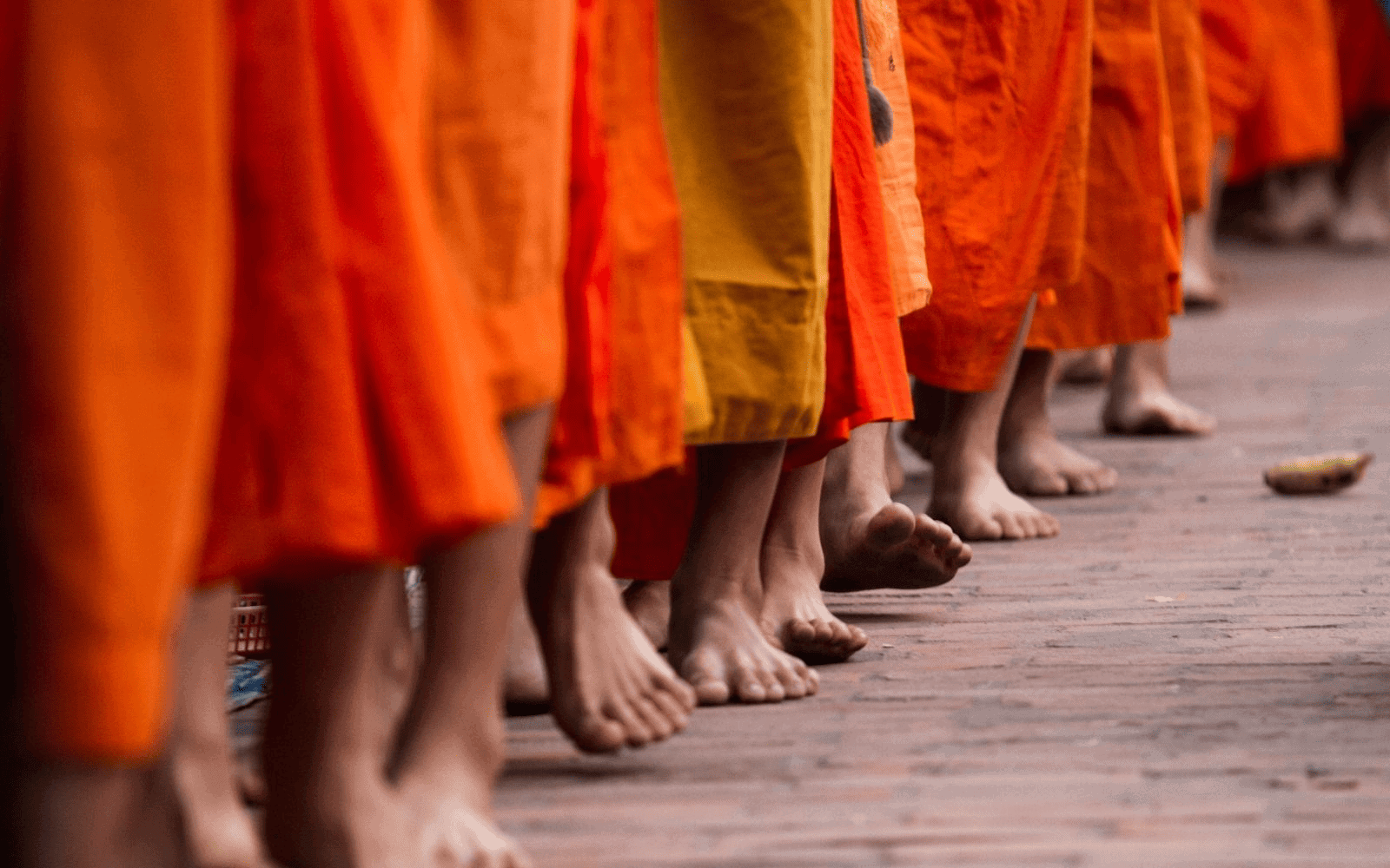 The feet of priests in orange robes practicing a Theravada Buddhism procession in Laos